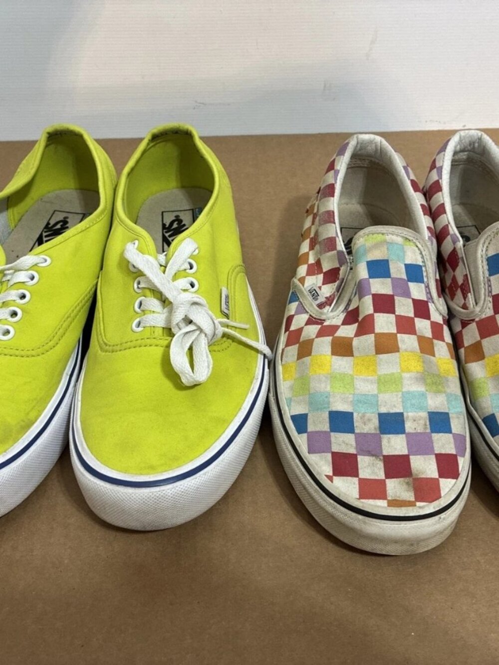 Lot of 2 Vans Sneakers Neon Lime Green & Rainbow Checkerboard Slip On - Size 10